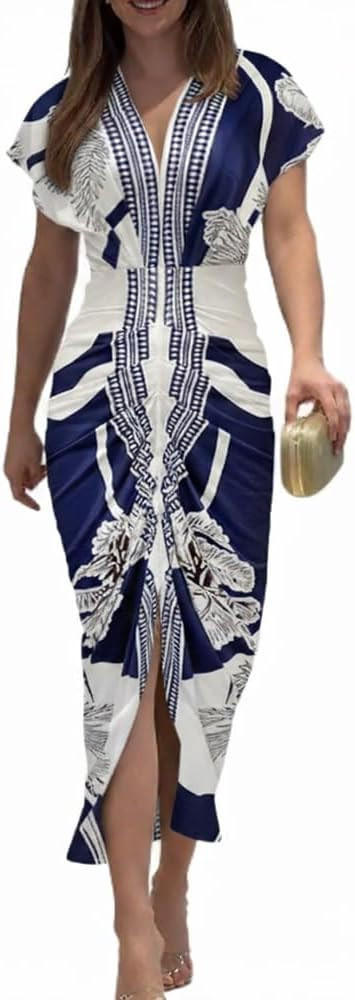 CHICME Summer Dresses for Women Floral Print Plunge V Neck Midi Dress Casual Ruched Slit Bodycon ... | Amazon (US)