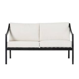 Welwick Designs Black Wash Slat-Back Wood Modern Outdoor Loveseat with Bisque Cushions HD9568 - T... | The Home Depot
