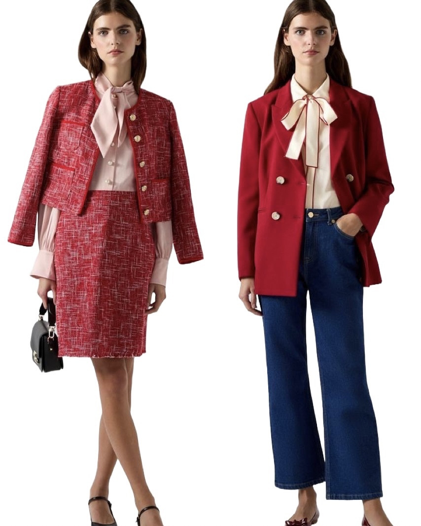Work to Weekend! Two of my favourite looks from the brand new SS25 LK Bennett London collection! Don’t forget to use my 15% discount code on all full price styles: REBECCALIPKINAUTHOR15 - The first outfit partners a pink tie neck blouse with a red tweed skirt suit and the fabulous Beatrix black leather Mary Janes, while the second features an ivory and red tipped tie neck blouse, red tweed blazer and wide leg jeans. Both timeless looks would look equally good for smart business meetings to date night, Galentine’s or Valentine’s Day events ❤️ 

#LTKeurope #LTKuk #LTKwinter