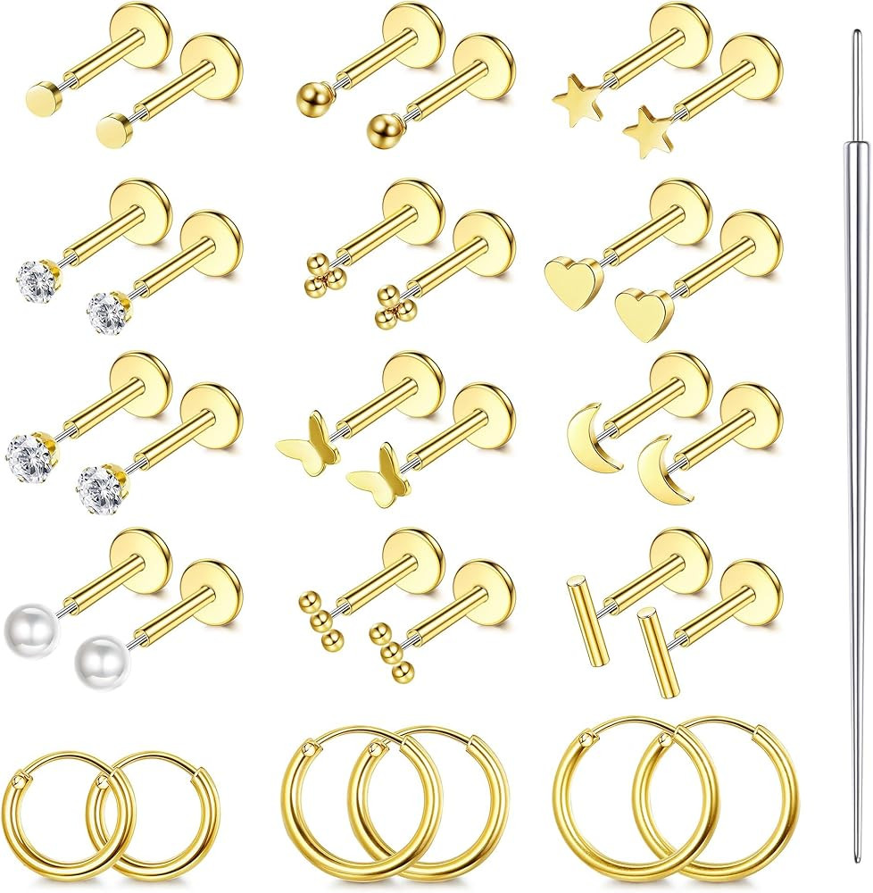 ORAZIO Small Flat Back Earrings,Push in Stud Earrings for Women Men,Hypoallergenic 14K Gold Plate... | Amazon (US)