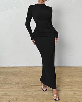 BTFBM Women Bodycon Maxi Dress Long Sleeve Back Slit Ruched Elegant Party Cocktail Formal Fall We... | Amazon (US)