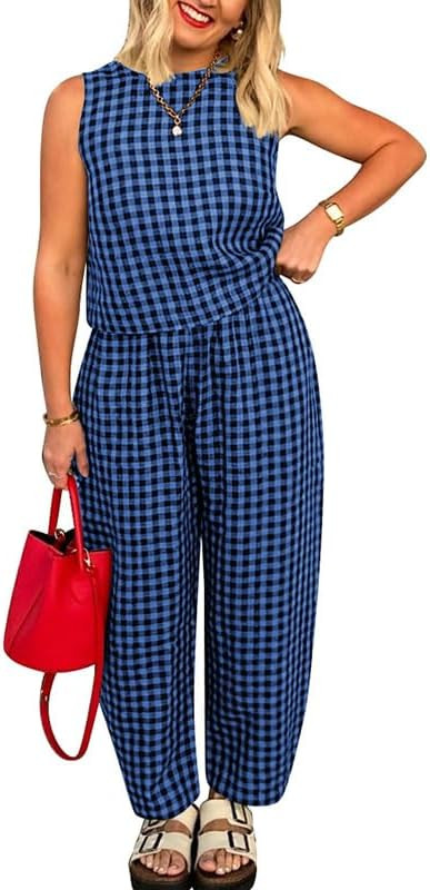 Melliflo Gingham Sets Women 2 Piece Outfits Sleeveless Plaid Loungewear Checkered Crop Tanks and ... | Amazon (US)