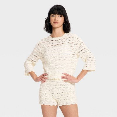 Women's Quarter Sleeve Openwork Crewneck Pullover Sweater - Universal Thread™ Cream XL | Target