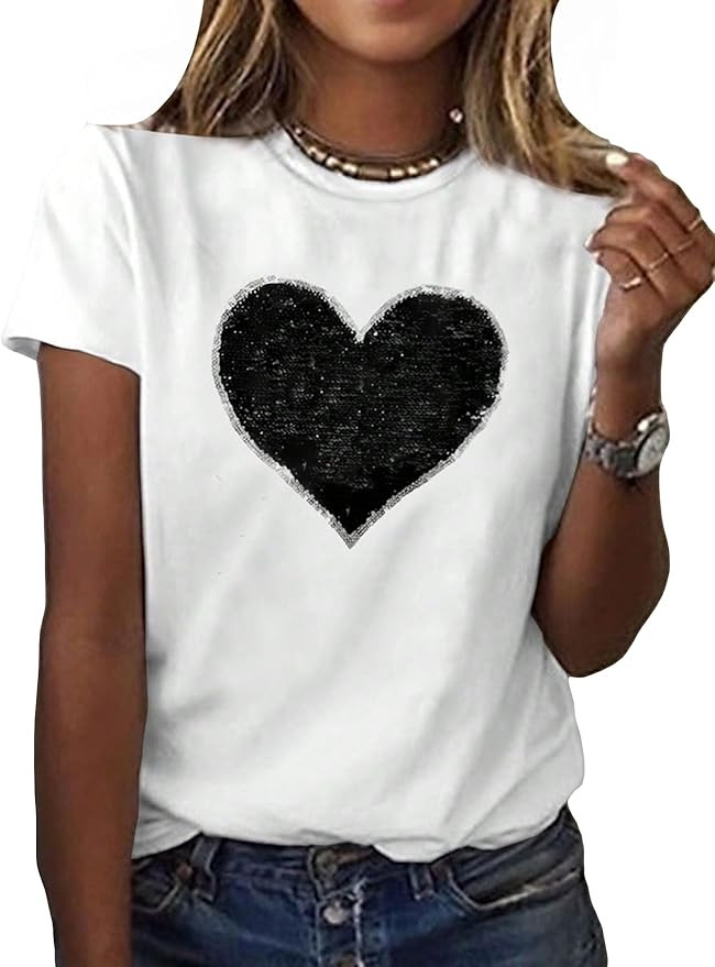 SweatyRocks Women's Heart Print Glitter Sequin T Shirts Casual Round Neck Short Sleeve Tee Tops | Amazon (US)
