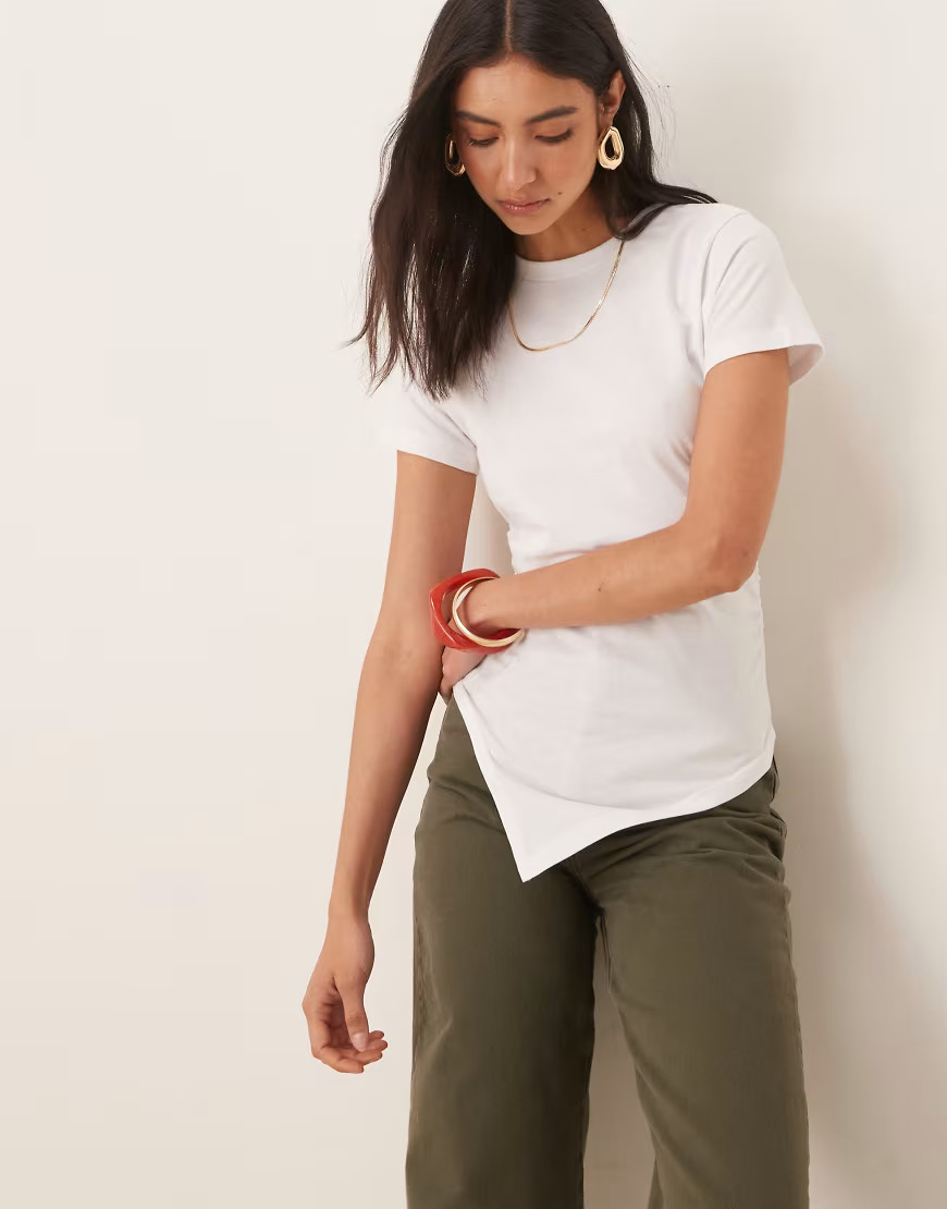 ASOS DESIGN ruched side asymmetric t-shirt in white | ASOS (Global)