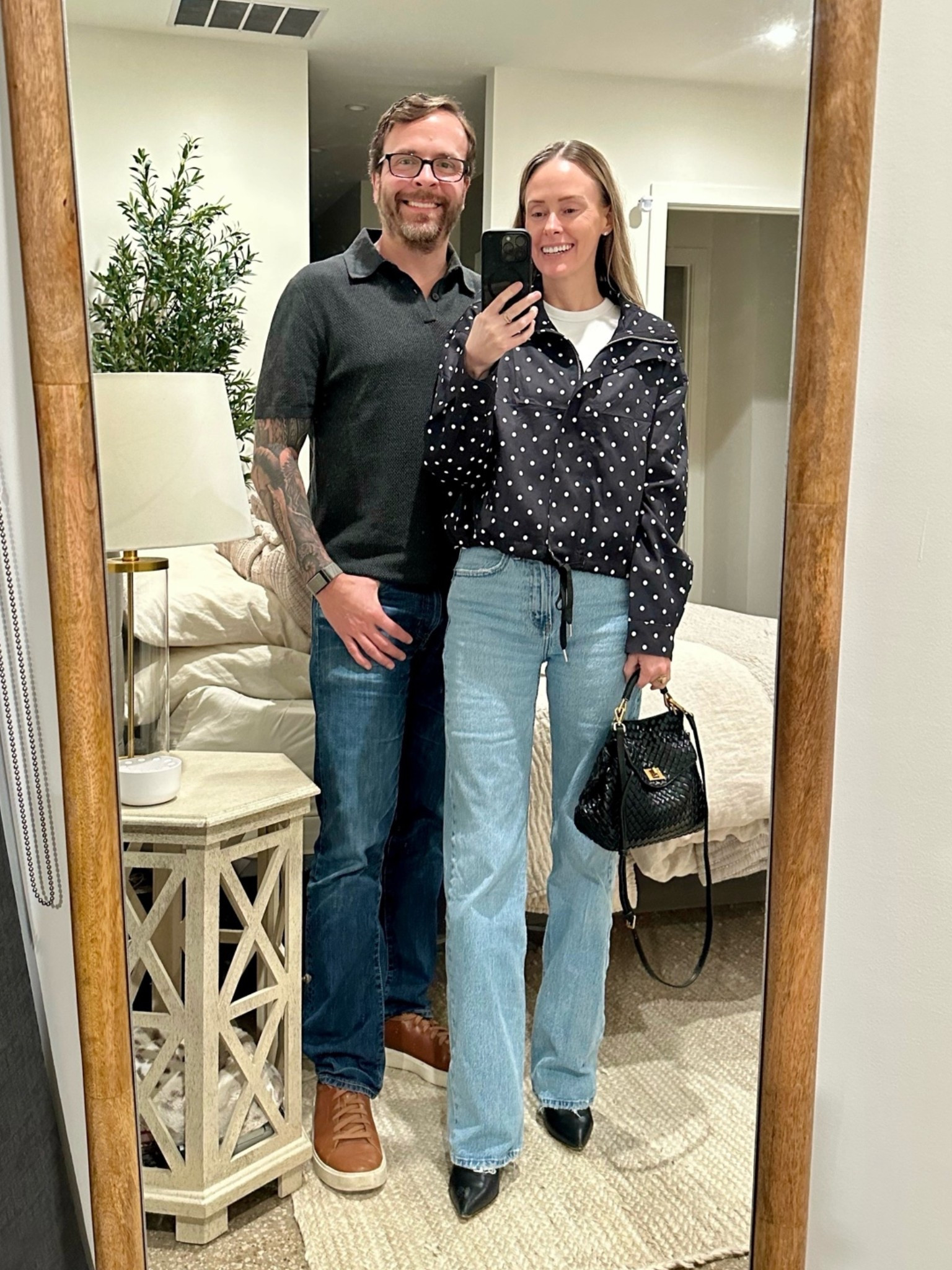 Casual date night outfits! My jeans and lightweight jacket are both on sale. This jackets is like a soft windbreaker, and comes in a ton of color options! It zips up and can be worn with the stand up neck up or down.  Jacket Size: xs Jeans Size: 24 long Joe’s Shirt Size: large

Summer outfits 2026, summer fashion, handbag, purse, booties, men’s fashion, men’s outfits, polka dots

#LTKootd #LTKMens #LTKSaleAlert