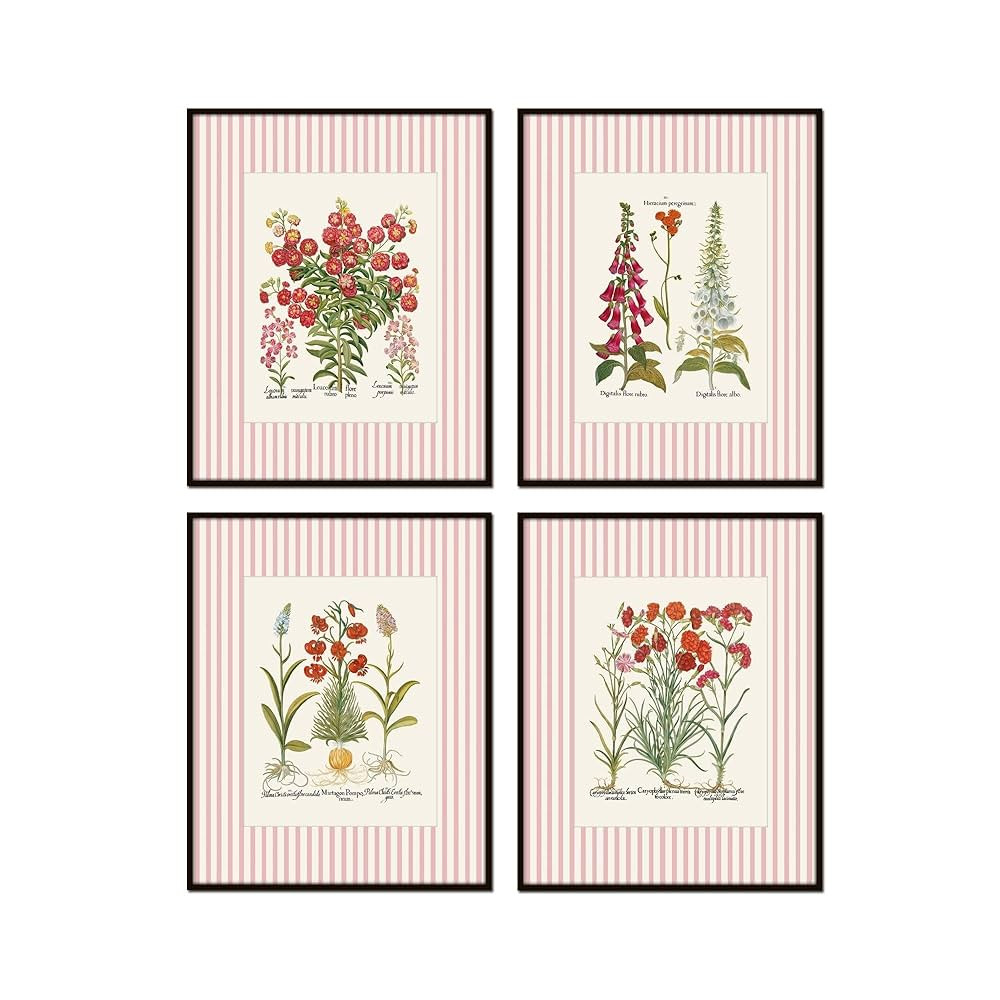 Botanical Print Set With Pink Stripes, Botanical Prints, Wall Art Prints, Vintage Wall Art, Vinta... | Amazon (US)