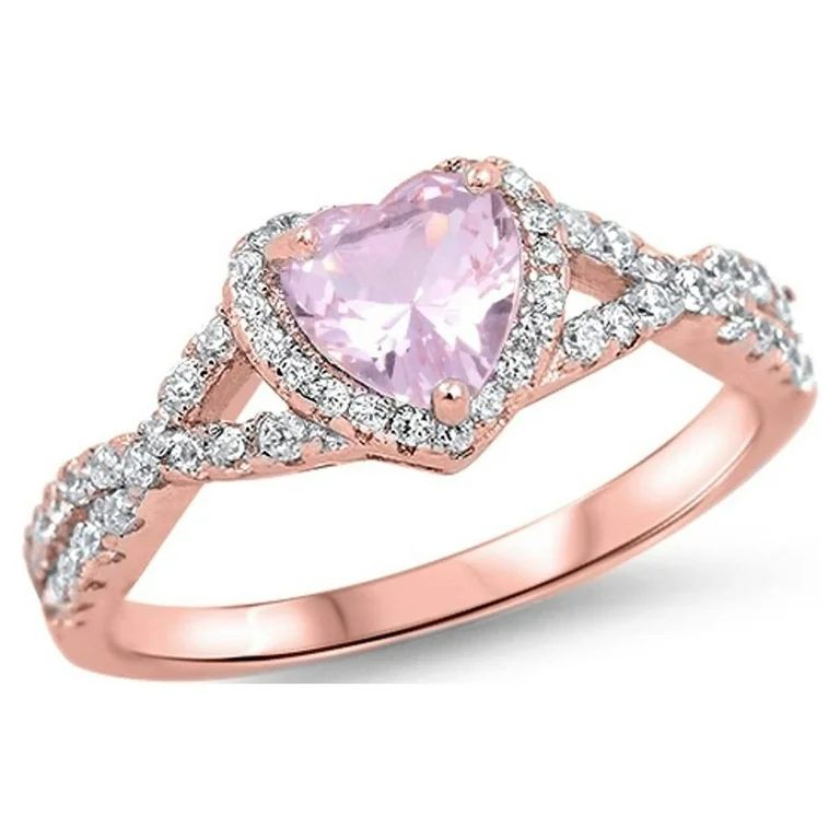 CHOOSE YOUR COLOR Elegant Rose Gold-Tone Studded Promise Heart Sterling Silver Ring Pink CZ Femal... | Walmart (US)