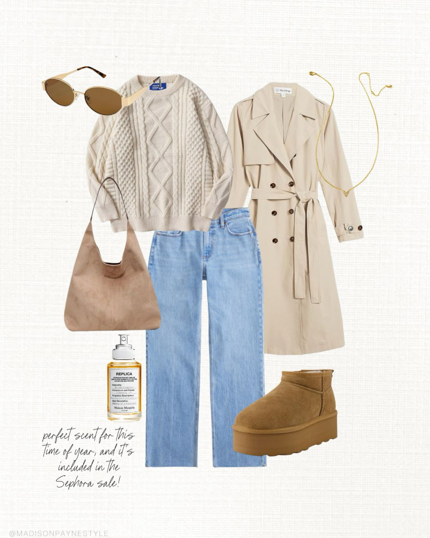 Amazon cable knit sweater is such a classic wardrobe piece! Love it paired with the suede slouchy hobo bag and platform booties (UGG look for less). The Sephora savings event is still going on! By the Fireplace by Replica is a scent you’ll love wearing this holiday season!

Sweater, cable knit sweater, Amazon sweater, fall sweater, Abercrombie jeans, trench coat, Amazon trench coat, hobo bag, Amazon handbag, slouchy handbag, platform boots, platform booties, UGG look for less, Amazon boots, Sephora sale, Sephora savings event, replica perfume, Madison Payne 

#LTKStyleTip #LTKSaleAlert #LTKSeasonal