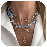 Scarf Bandana Necklace with Charm Gold Starfish Shell Seashell Necklace Boho Layered Conch Sea Sh... | Amazon (US)