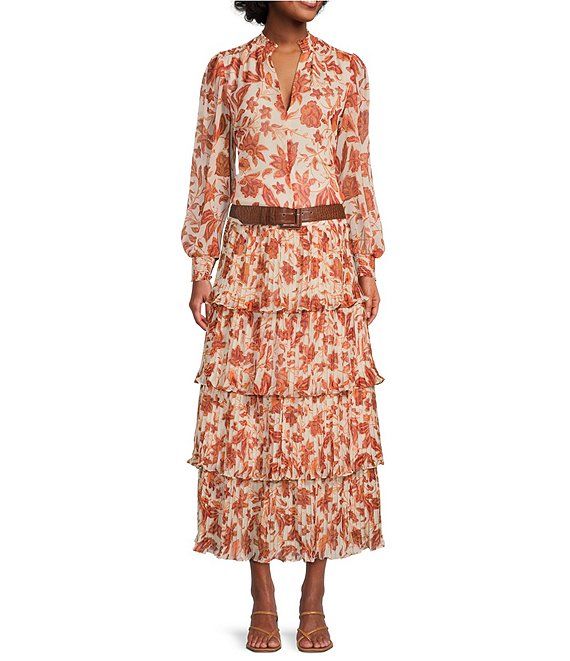 Oaklee Tiered Floral Print Chiffon Coordinating A-Line Midi Skirt | Dillard's