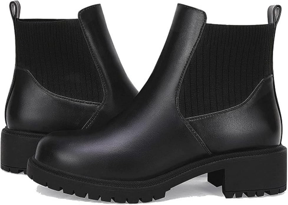 Womens Platform Lug Sole Ankle Boots Chelsea Combat Booties Low Heel Chunky Slip on Dress Shoes | Amazon (US)