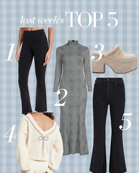 Last week’s top 5 best sellers! High waisted flare leggings to wear all fall and winter, an under $35 dress perfect for Thanksgiving, shearling clogs I am obsessing over, the perfect bow holiday sweater and the top selling black denim of the season!

#LTKSeasonal #LTKstyletip #LTKHoliday