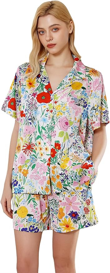 YiNi LuLu Womens Silk Satin Shorts Pajamas Set Button Down 2 Piece Pjs Short Sleeve Oversized Sle... | Amazon (US)