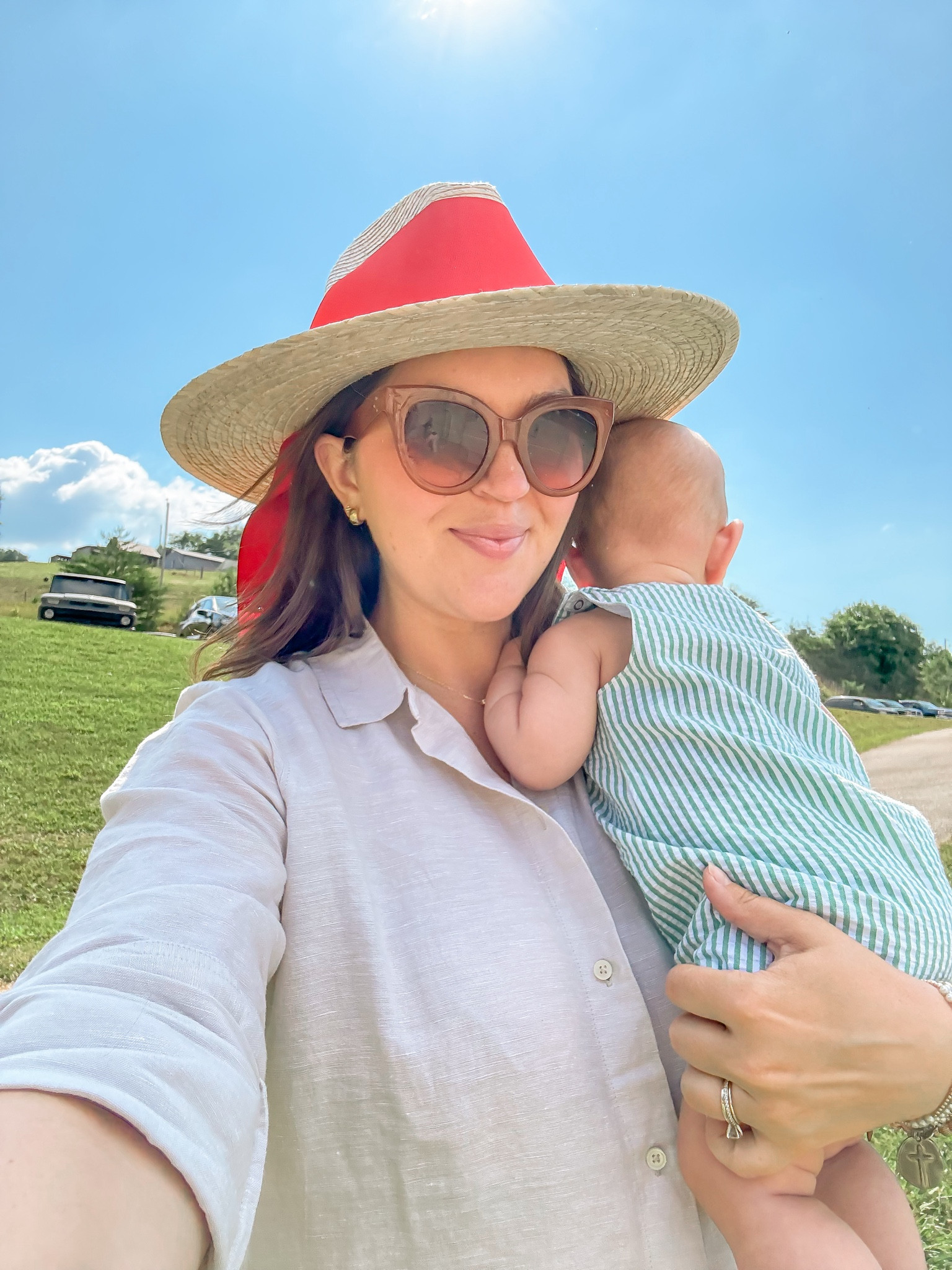 Loving my Sarah Bermuda hat -same product linked with a pink ribbon! Bub's outfit is no longer available so I linked the most similar from the same brand! 