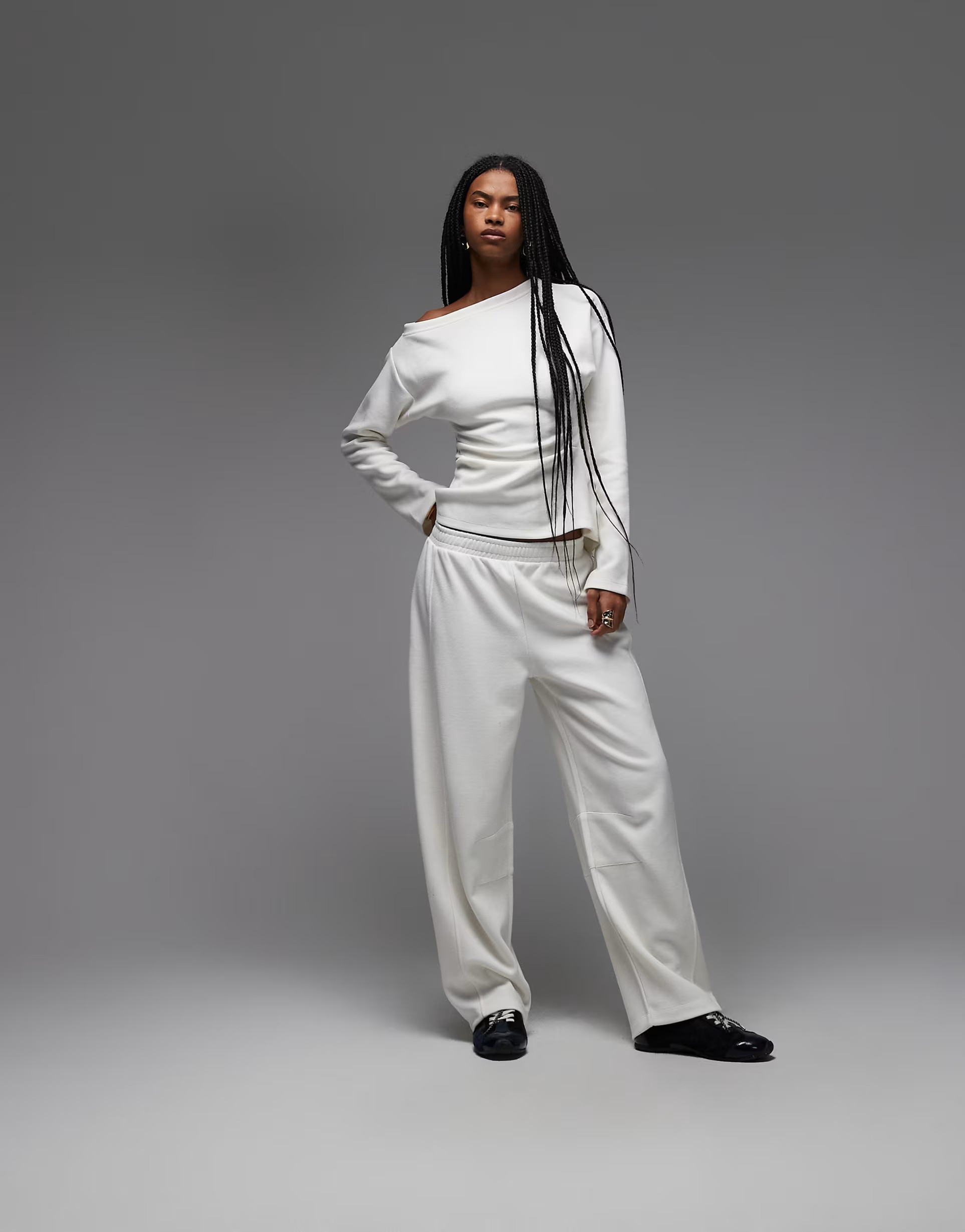 ASOS DESIGN Supersoft corset waist off shoulder tee in cream | ASOS (Global)