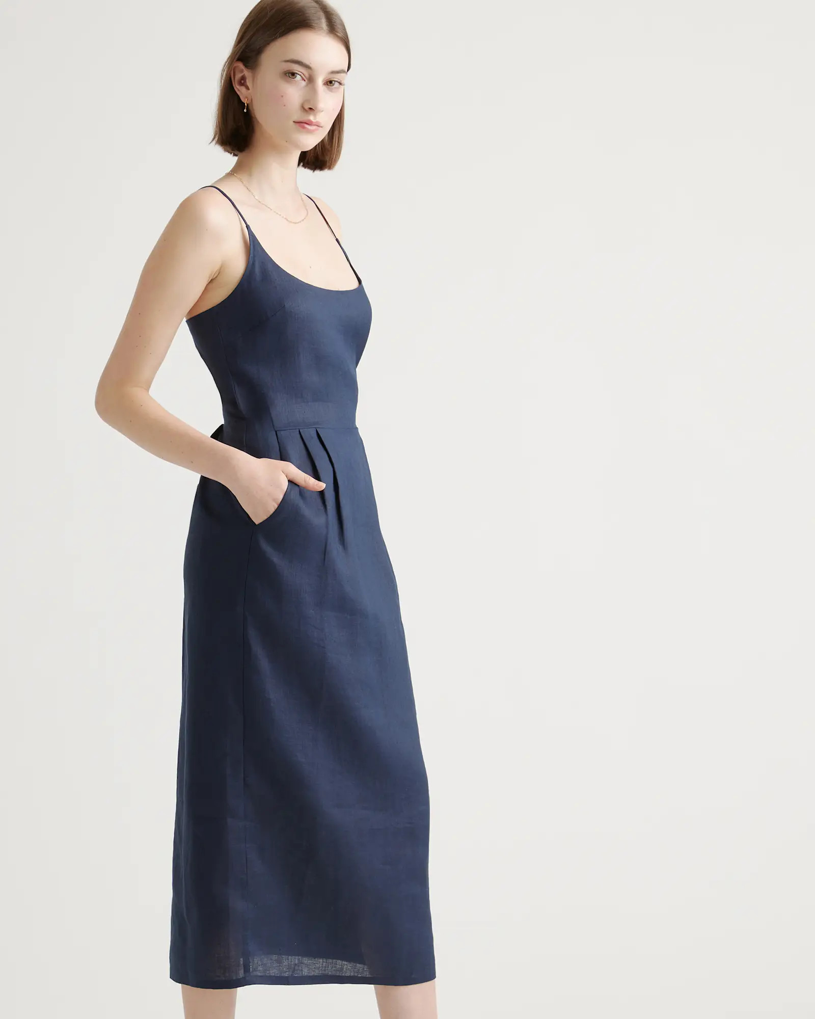 100% European Linen Scoop Neck Midi Dress in Blue Pinstripe | Quince