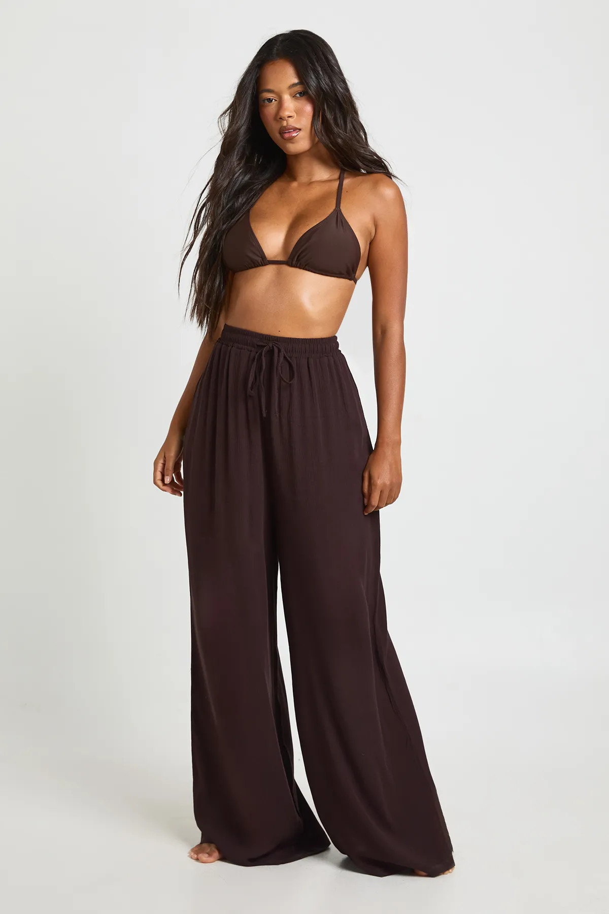 Chocolate Essentials Oversized Linen Look Trousers | Boohoo | Boohoo.com (UK & IE)