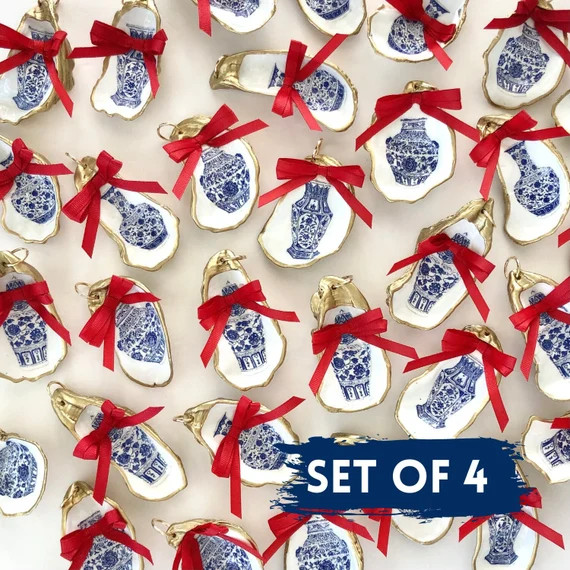 Oyster Shell Ornaments set of 4 in Blue & White - Etsy | Etsy (US)