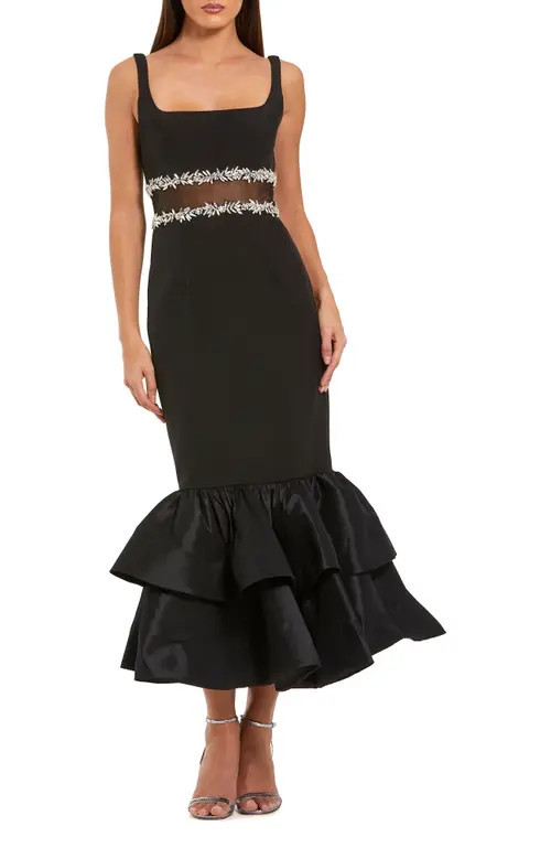 Mac Duggal Jewel Detail Crepe Ruffle Hem Midi Dress in Black at Nordstrom, Size 0 | Nordstrom