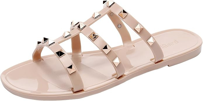 Women Flats Sandals, Studded Jelly Shoes Size 9 Red Dressy Summer Beach Rivets Strappy Jellies Sl... | Amazon (US)