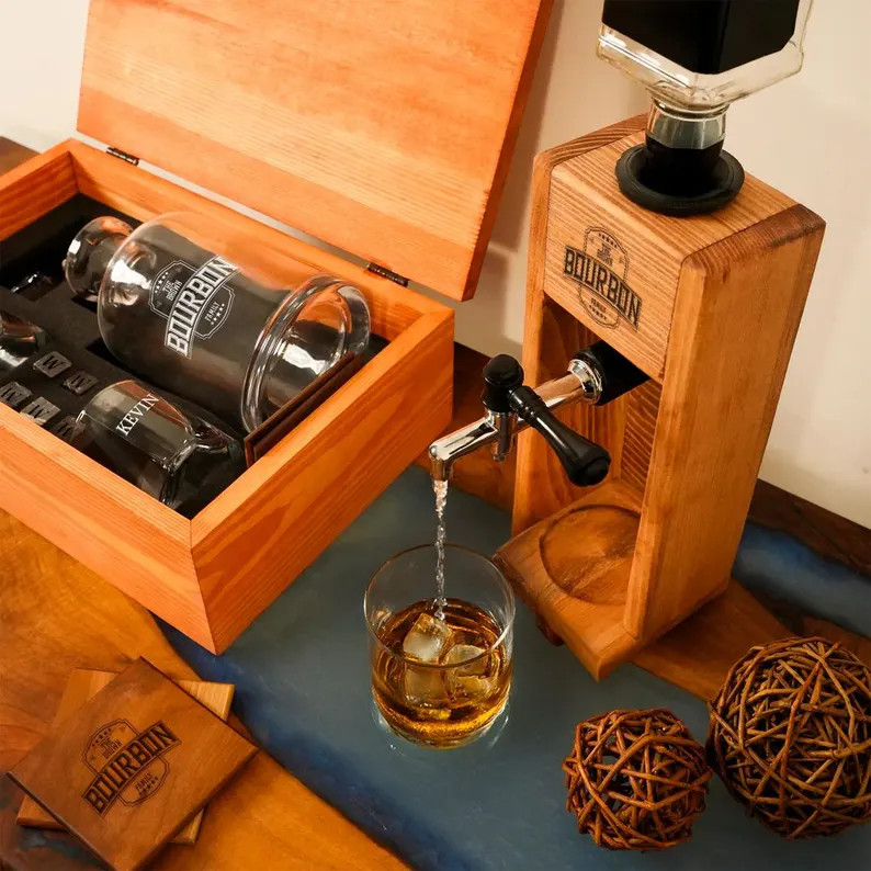 Custom Engraved Wood Liquor Dispenser, Housewarming Gift, Personalized Dispenser with Whiskey Gla... | Etsy (US)