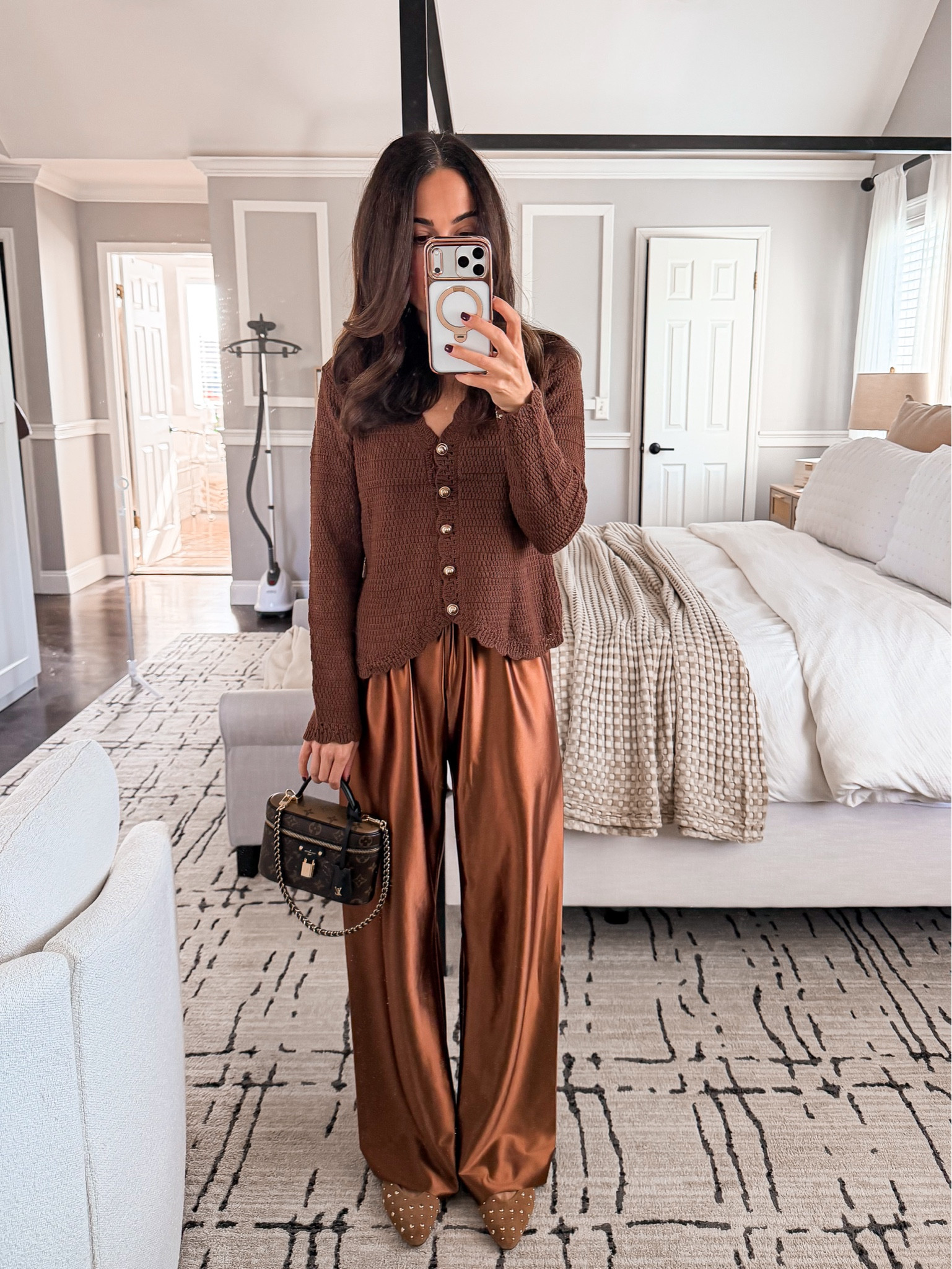 Chocolate brown everything 🍫✨
Wearing this textured button cardigan (S) with the prettiest satin pants (S). Such a comfy-chic Thanksgiving outfit idea! 

#LTKHoliday #LTKCyberWeek #LTKGiftGuide