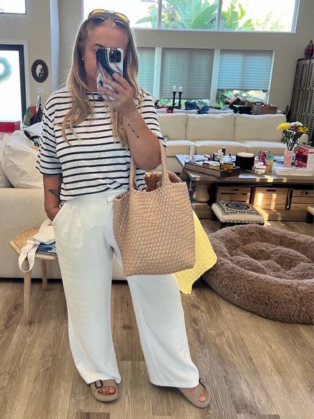 Business outfit/ workwear/ office outfit 
White trousers, line shirt 
Black Vince Camuto bag, Amazon bag, nude sandals, Amazon finds 


#LTKunder50 #LTKstyletip #LTKitbag