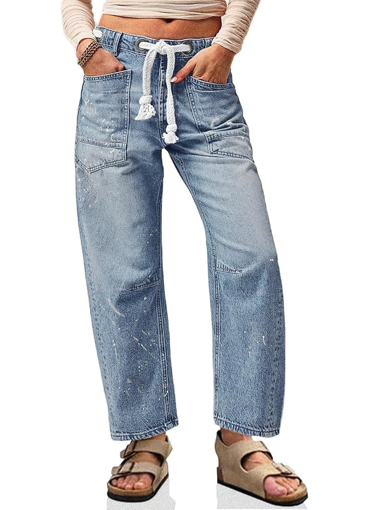 Cicy Bell Womens Baggy Barrel Horseshoe Jeans Wide Leg Drawstring Vintage Denim Pants with Front ... | Amazon (US)