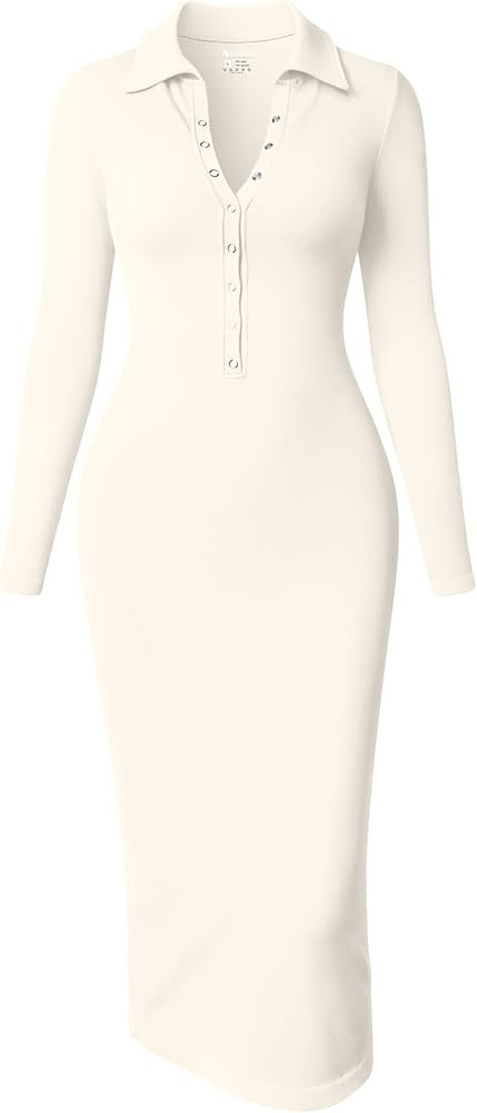 OQQ Women's Long Sleeve Maxi Dress Ribbed Back Slit Button Down Bodycon Soft Going Out Elegant Pa... | Amazon (US)