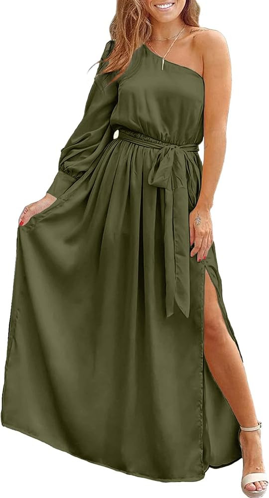 KIRUNDO Women's Satin Long Sleeve One Shoulder Maxi Dress Asymmetrical Tie Waist Slit Party Cockt... | Amazon (US)