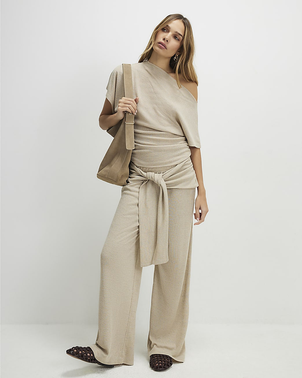 Beige Tie Waist Trousers | River Island UK & IE