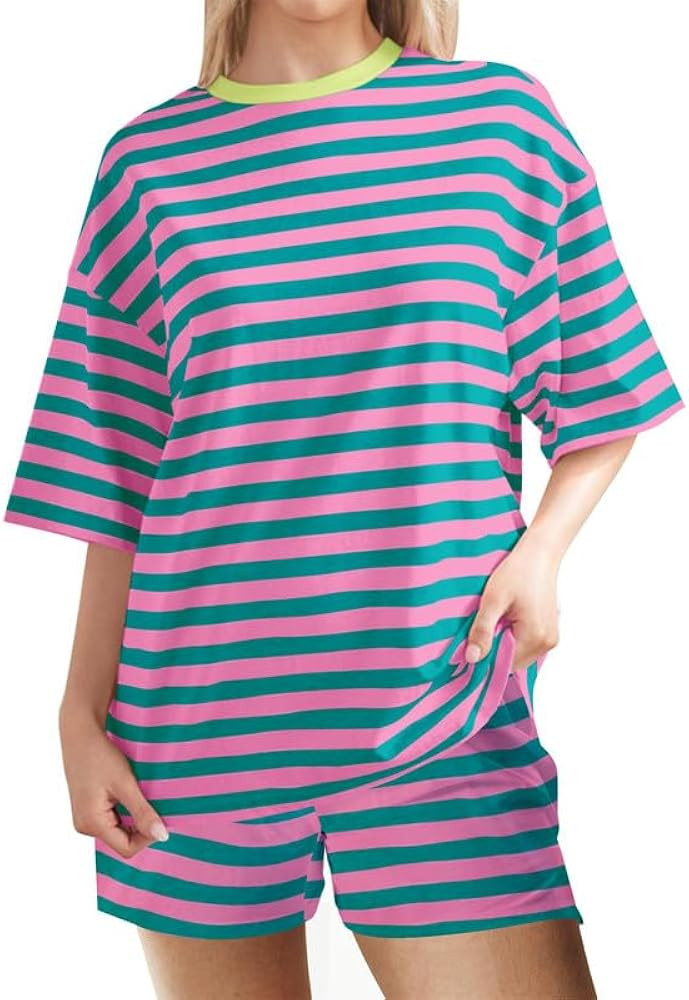 Yuemengxuan Women Oversized Striped Shirt Baggy Shorts Set 2 Piece Lounge Sets Short Sleeve Loose... | Amazon (US)