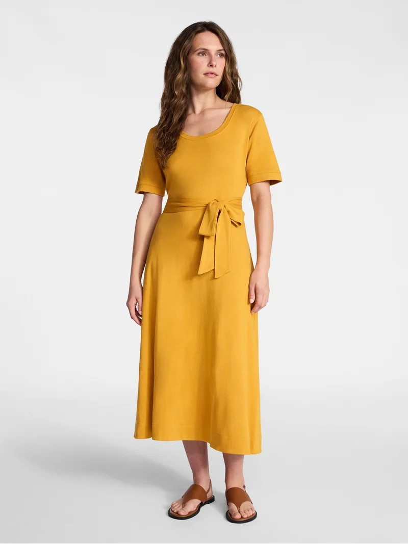 Time and Tru Women's Cotton Tie Front Midi Dress with Short Sleeves, Sizes XS-XXXL | Walmart (US)