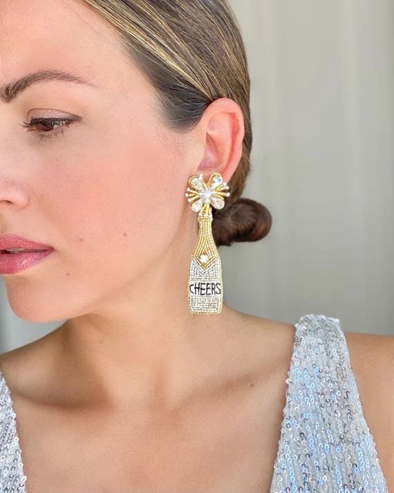 Silver and Gold CHEERS Champagne Bottle Earrings, NYE earrings, birthday gift, friends gift, grad... | Etsy (US)