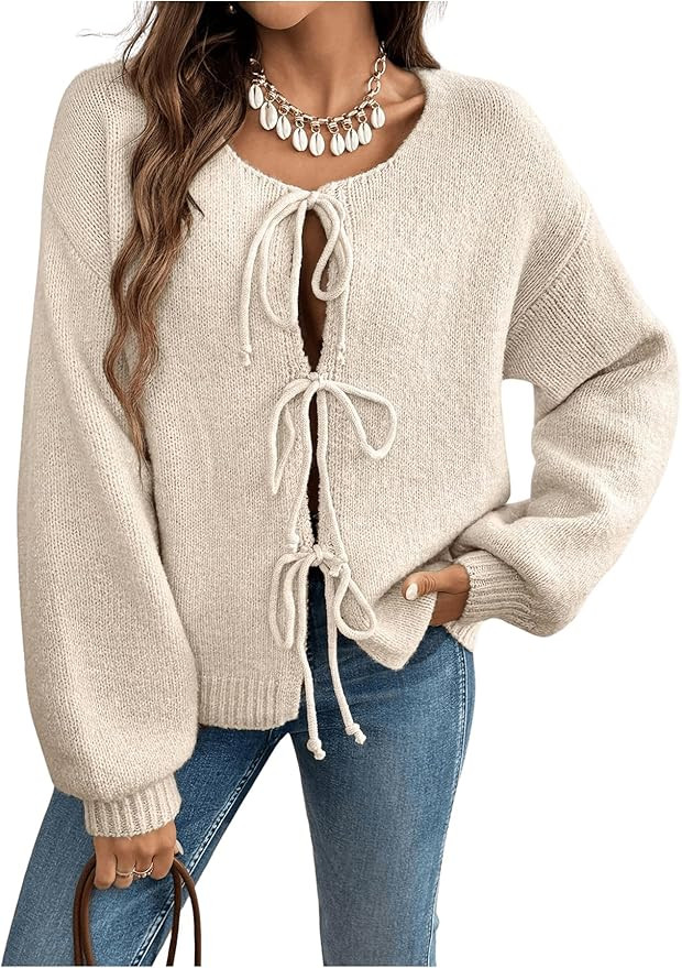Verdusa Women's Bow Tie Front Drop Shoulder Long Sleeve Knit Cardigan Sweaters | Amazon (US)