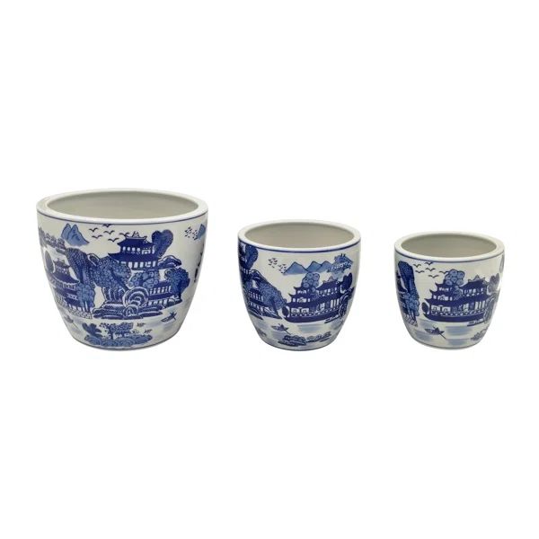 Set of 3 Ceramic Planters - Contemporary Vintage Style Blue and White Planters with Chinoiserie S... | Wayfair North America