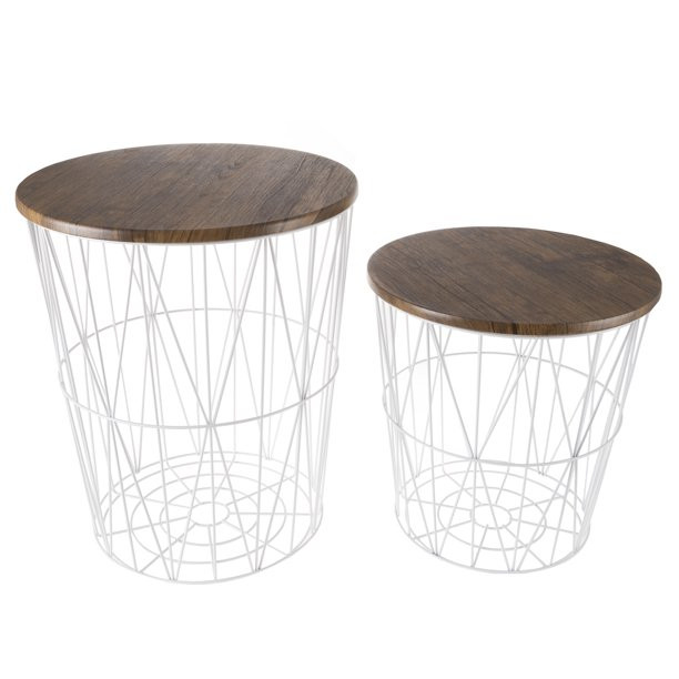 Nesting End Tables with Storage- Set of 2 Convertible Round Metal Basket Veneer Wood Top Accent S... | Walmart (US)