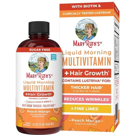 MaryRuth's Liquid Multivitamin + Hair Growth with Biotin 10000MCG, Lustriva, Vegan Gluten-Free, Peach Mango Flavor, Adults Ages 18+, 15.22 fl oz | Walmart (US)