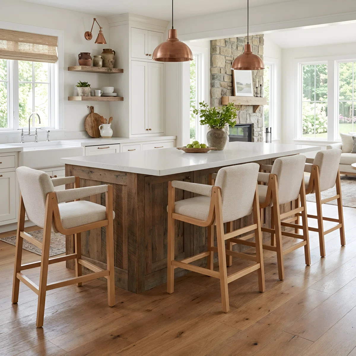 Modern Farmhouse Bar Stool - Upholstered Seat & Back With Solid Wood Frame (Set of 2) | Wayfair North America