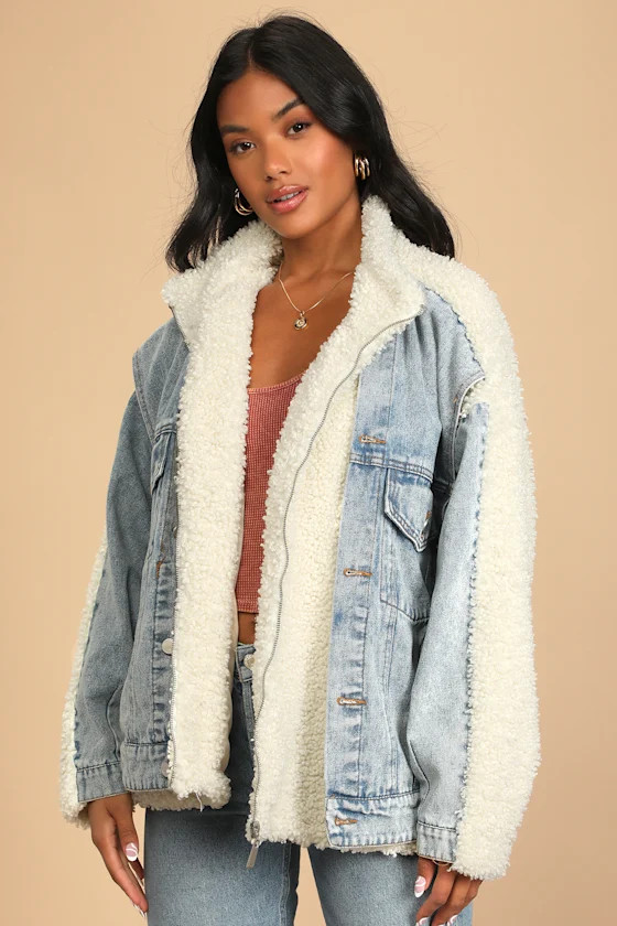 Bear Hug Light Wash Denim Shearling Trucker Jacket | Lulus