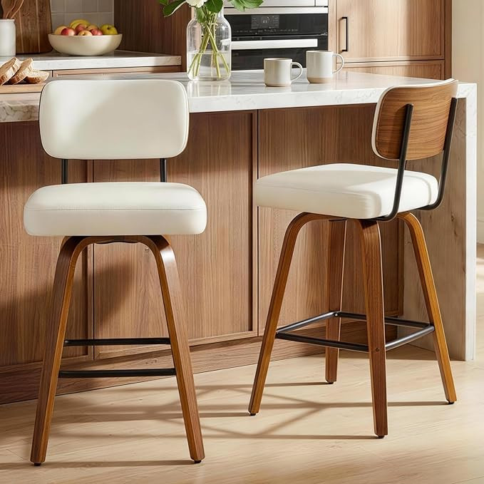 Swivel Bar Stools Set of 2, 26" Upholstered Counter Height Bar Stools with Back and Bent Walnut W... | Amazon (US)