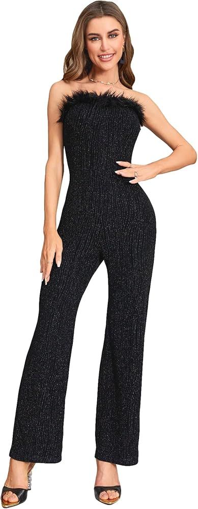 WDIRARA Women's Fuzzy Trim Tube Top Strapless Sleeveless Fitted Party One Piece Jumpsuit | Amazon (US)