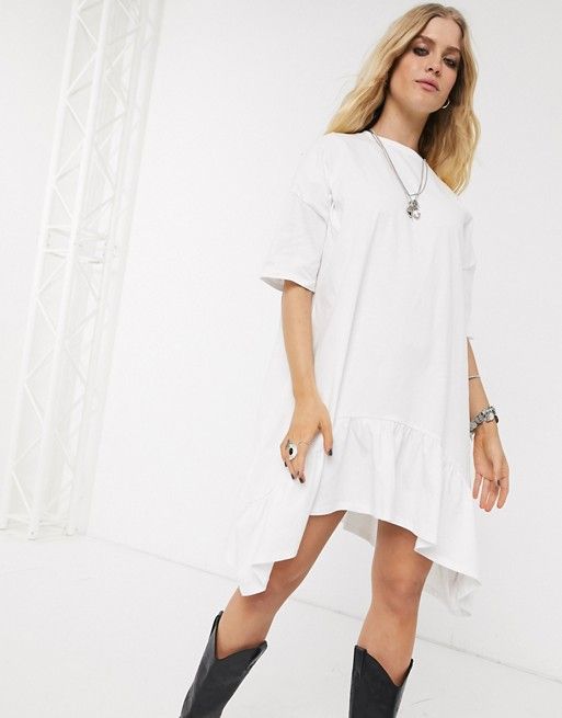 ASOS DESIGN oversized smock dress with tiered dip hem in white | ASOS US