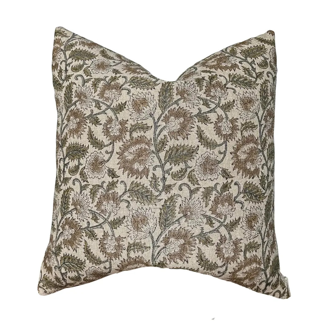 Sage Green Floral Linen Pillow Cover, Natural Tan Block Print Throw Pillow, Earthy Boho Decor - E... | Etsy (Global)