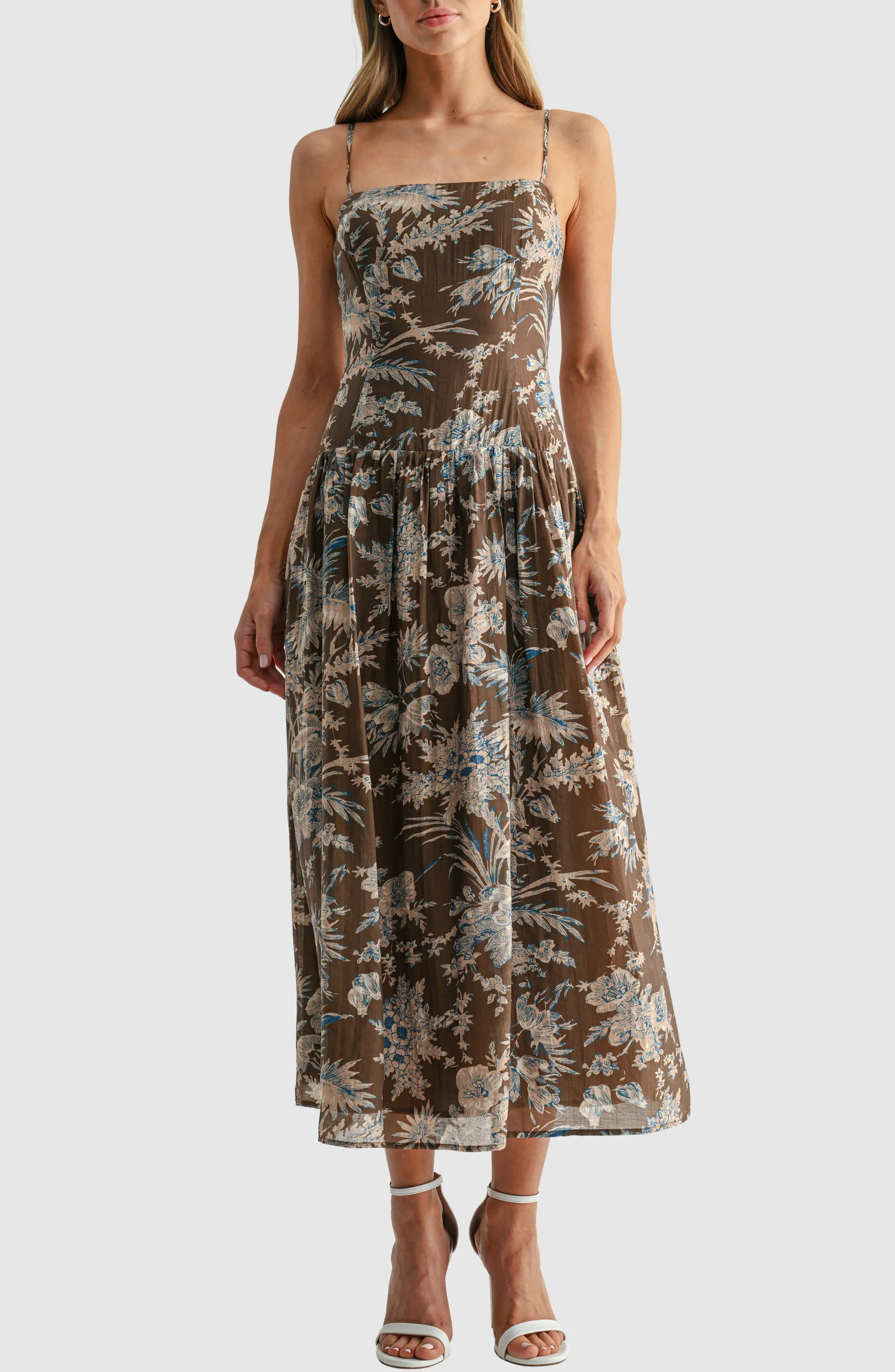 All in Favor Square Neck Floral Tiered Midi Dress in Brown Blue Floral at Nordstrom, Size Large | Nordstrom
