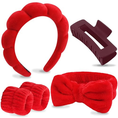 VELSCRUN Spa Headbands for Wash Face, Makeup Headband, Facial Skincare Headbands, 5 Pcs Red Puffy Sponge Spa Headband Bow Tie Hair Band Hair Clips Wristband Set Women Girls Accessories | Amazon (US)