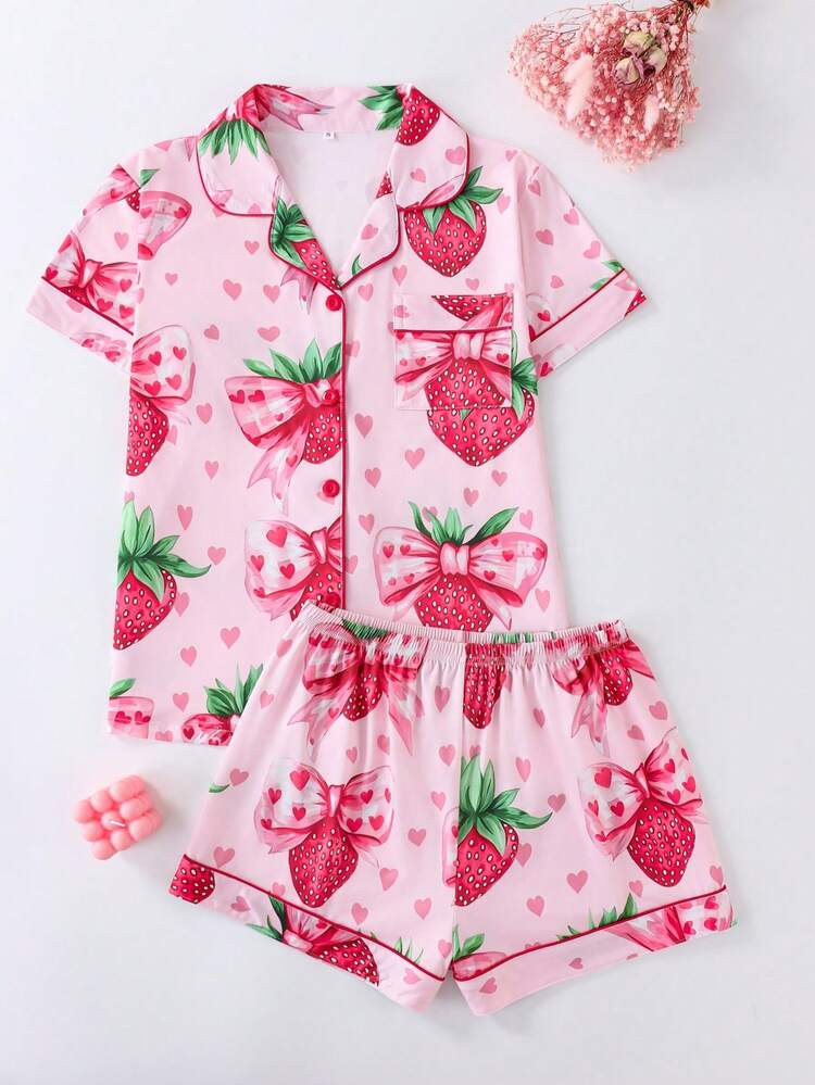 2pcs/Set Strawberry Bow Decorated Women Pajama Set, Includes Lapel Neck Button Up Short Sleeve Top And Elastic Waist Shorts, Elegant Ladies Sleepwear Loungewear | SHEIN