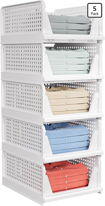 5 Pack Stackable Closet Storage Basket - Stackable Storage Bins, Multifunctional & Foldable Close... | Amazon (US)