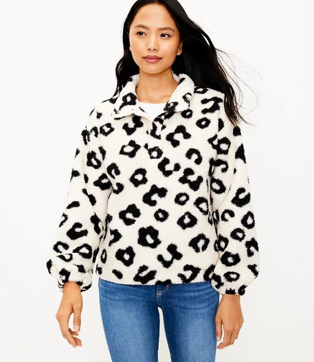 Petite Leopard Print Sherpa Snap Collar Top | LOFT